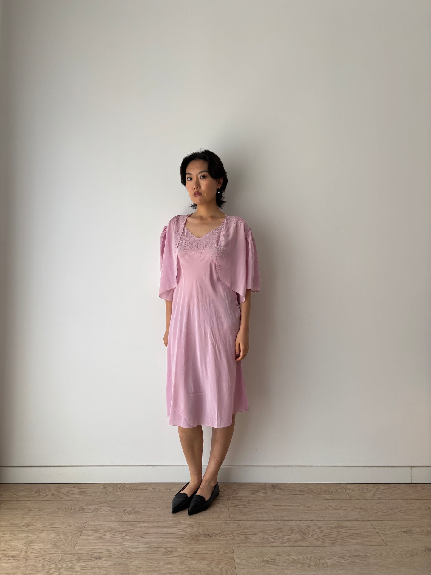 1930s Purple Pure Silk Chiffon Nightgown 2 Piece Set / Jacket and Slip Dress Lingerie Set, Slip dress