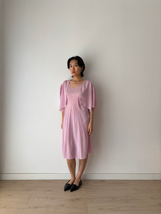 1930s Purple Pure Silk Chiffon Nightgown 2 Piece Set / Jacket and Slip Dress Lingerie Set, Slip dress