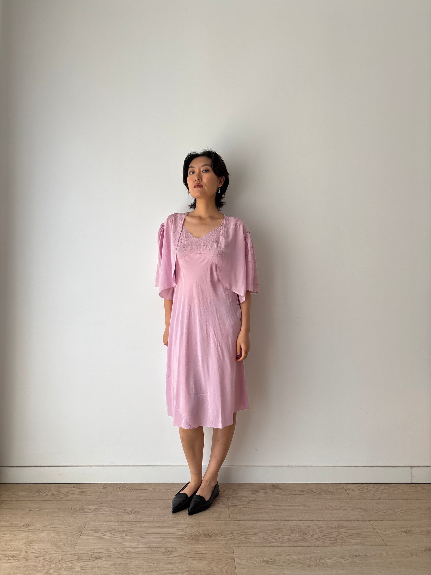 1930s Purple Pure Silk Chiffon Nightgown 2 Piece Set / Jacket and Slip Dress Lingerie Set, Slip dress