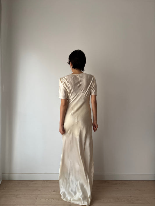 1930s Vintage Silk Satin Lace Wedding Dress, Antique Bias Cut Bridal Gown