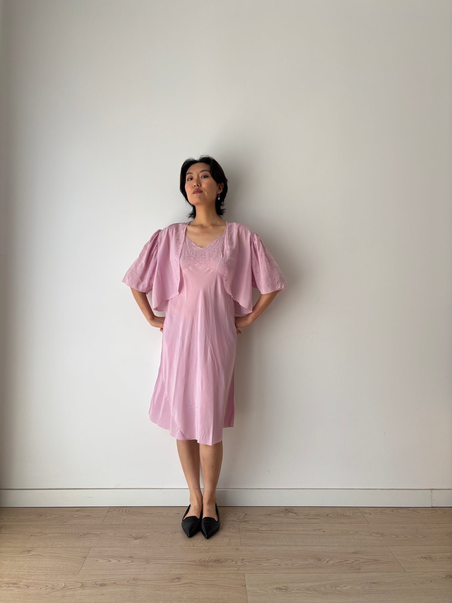 1930s Purple Pure Silk Chiffon Nightgown 2 Piece Set / Jacket and Slip Dress Lingerie Set, Slip dress