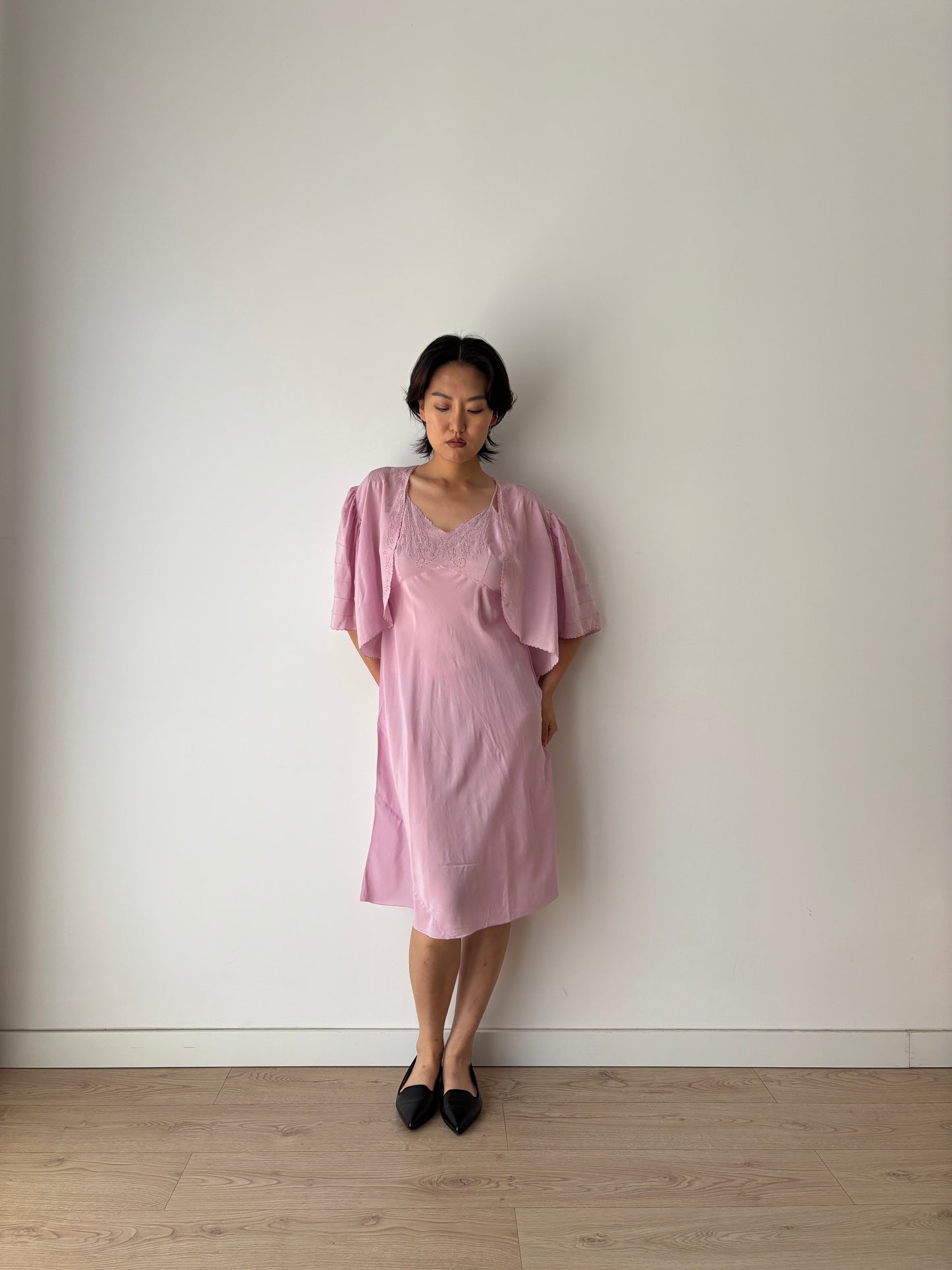 1930s Purple Pure Silk Chiffon Nightgown 2 Piece Set / Jacket and Slip Dress Lingerie Set, Slip dress