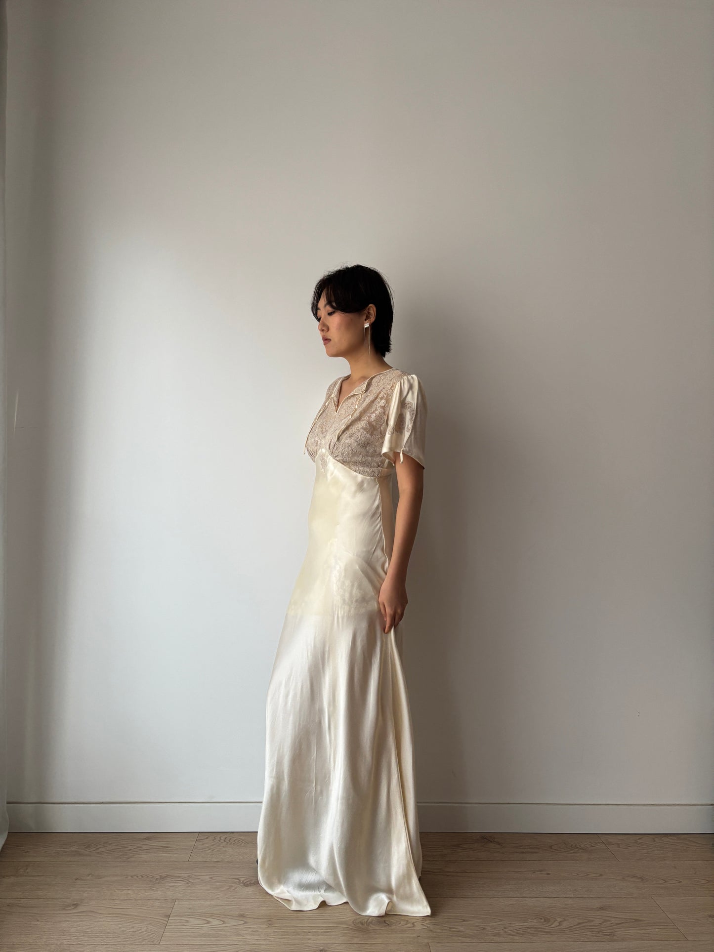 1930s Vintage Silk Satin Lace Wedding Dress, Antique Bias Cut Bridal Gown