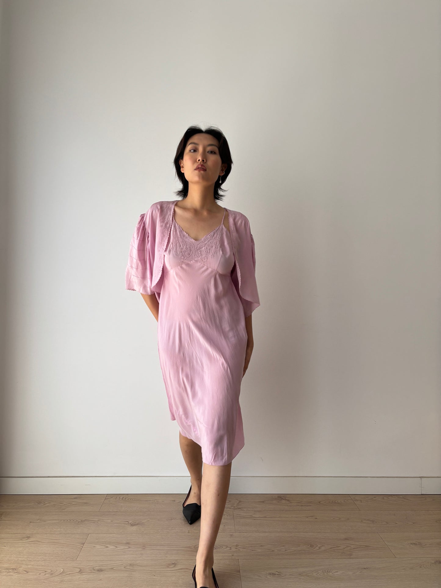 1930s Purple Pure Silk Chiffon Nightgown 2 Piece Set / Jacket and Slip Dress Lingerie Set, Slip dress