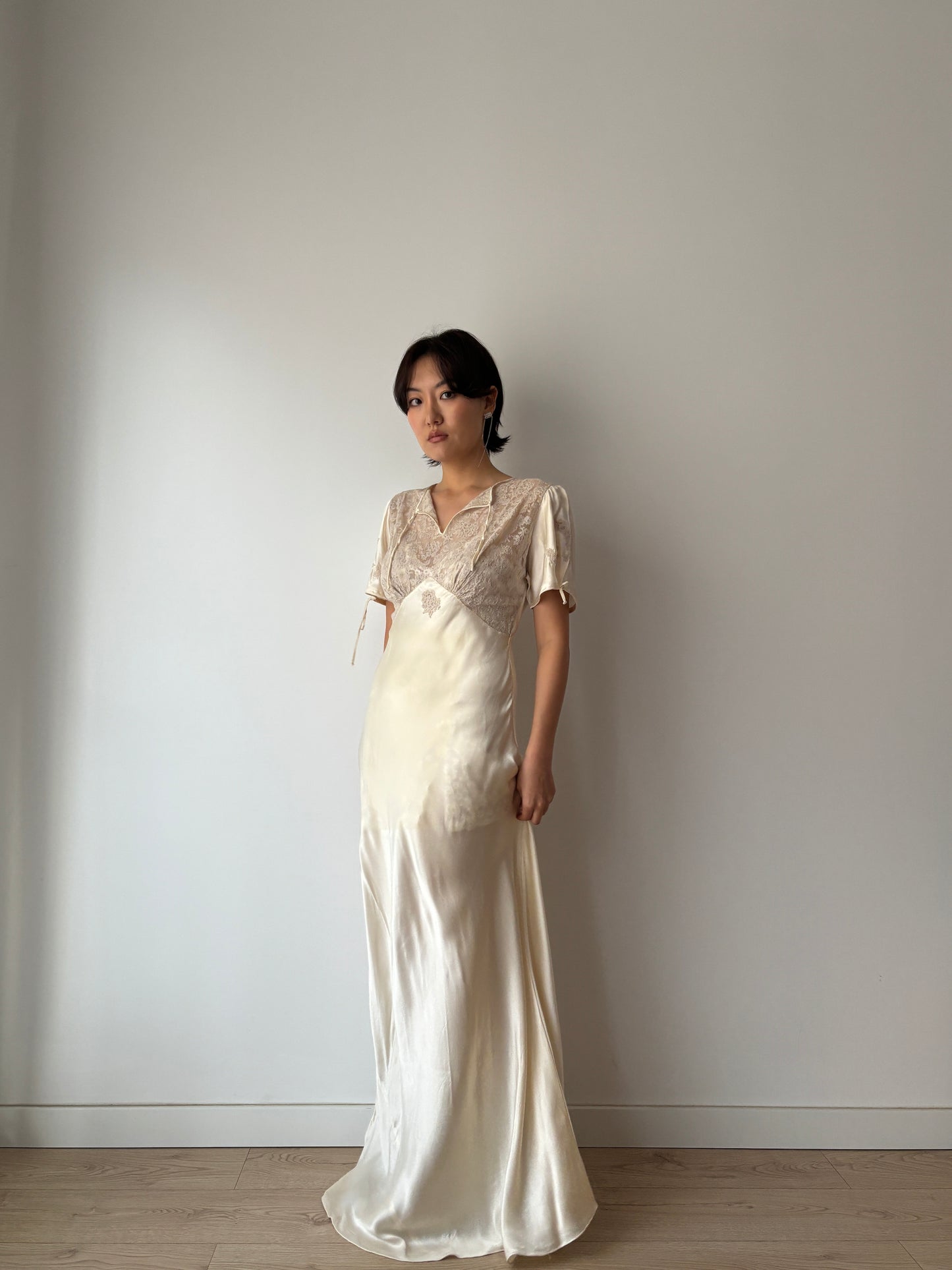 1930s Vintage Silk Satin Lace Wedding Dress, Antique Bias Cut Bridal Gown