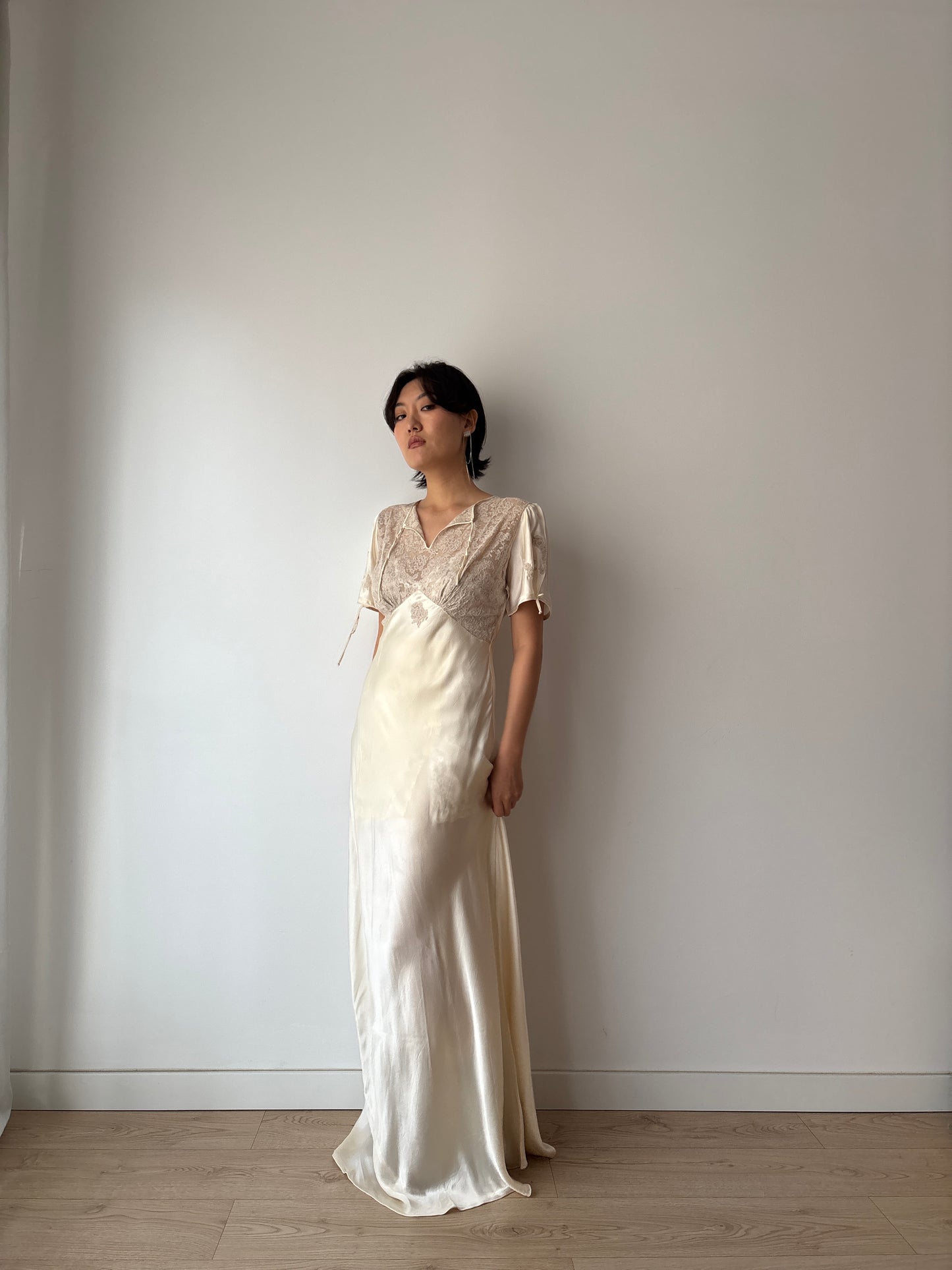 1930s Vintage Silk Satin Lace Wedding Dress, Antique Bias Cut Bridal Gown
