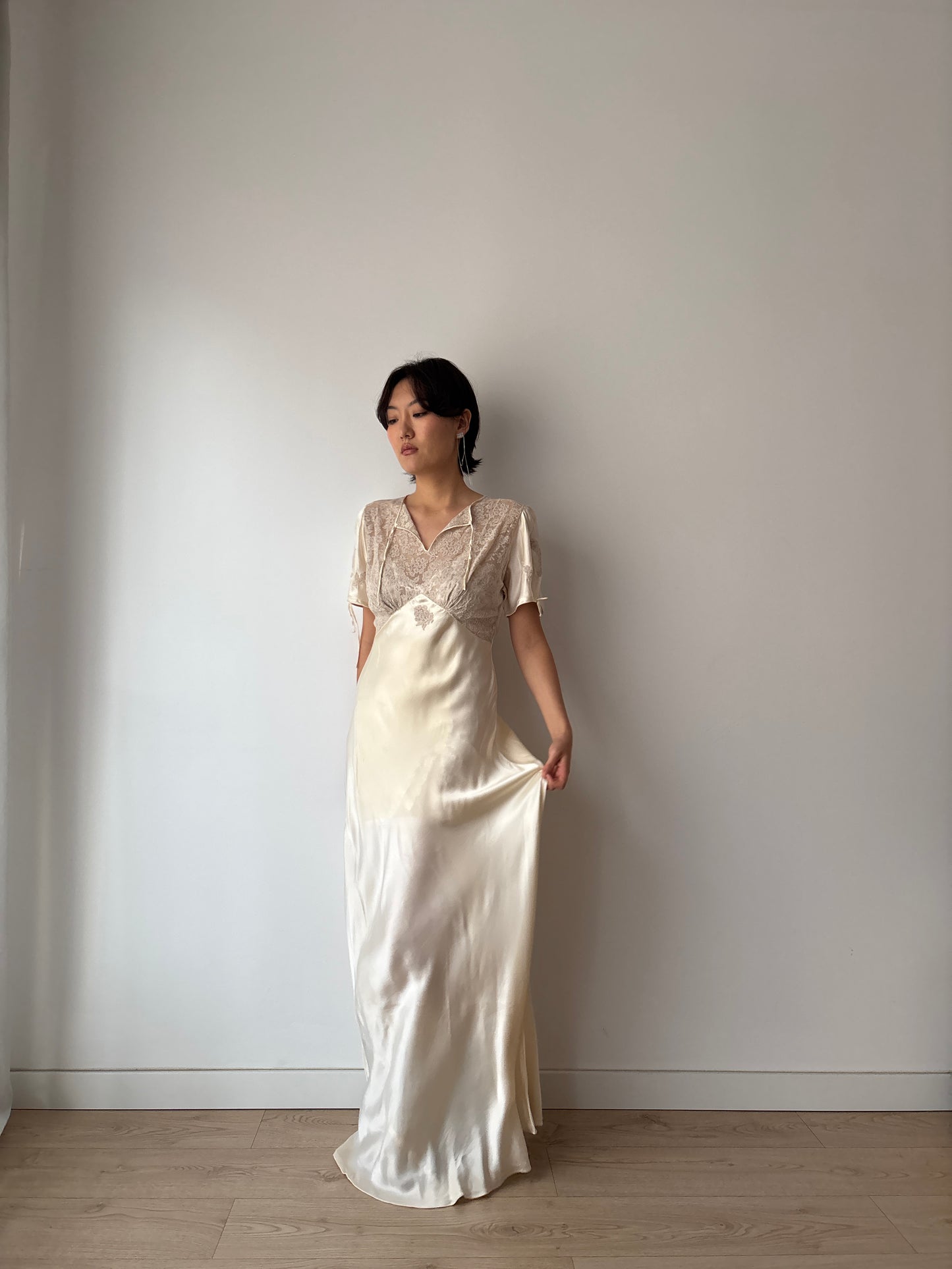 1930s Vintage Silk Satin Lace Wedding Dress, Antique Bias Cut Bridal Gown