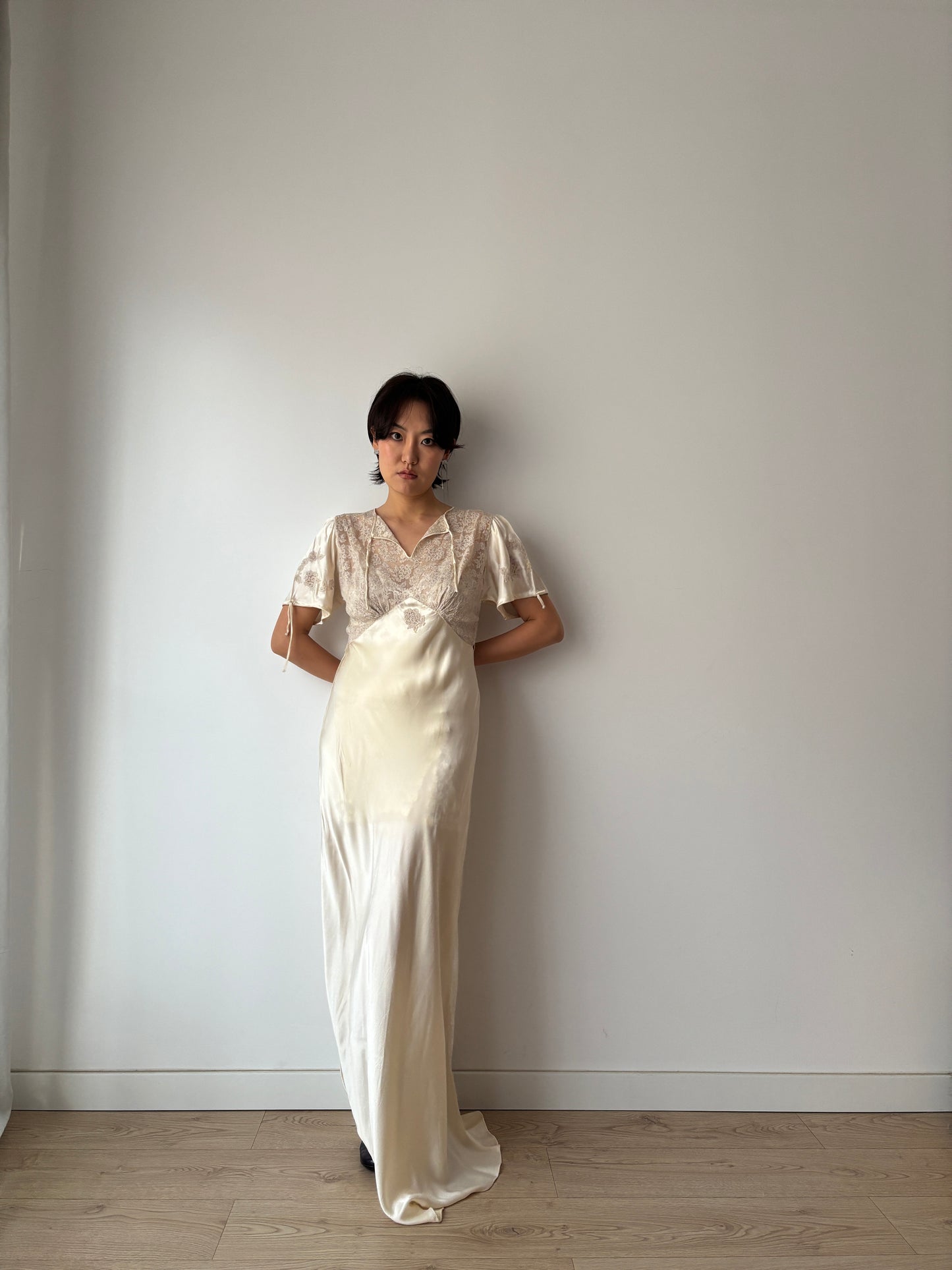 1930s Vintage Silk Satin Lace Wedding Dress, Antique Bias Cut Bridal Gown