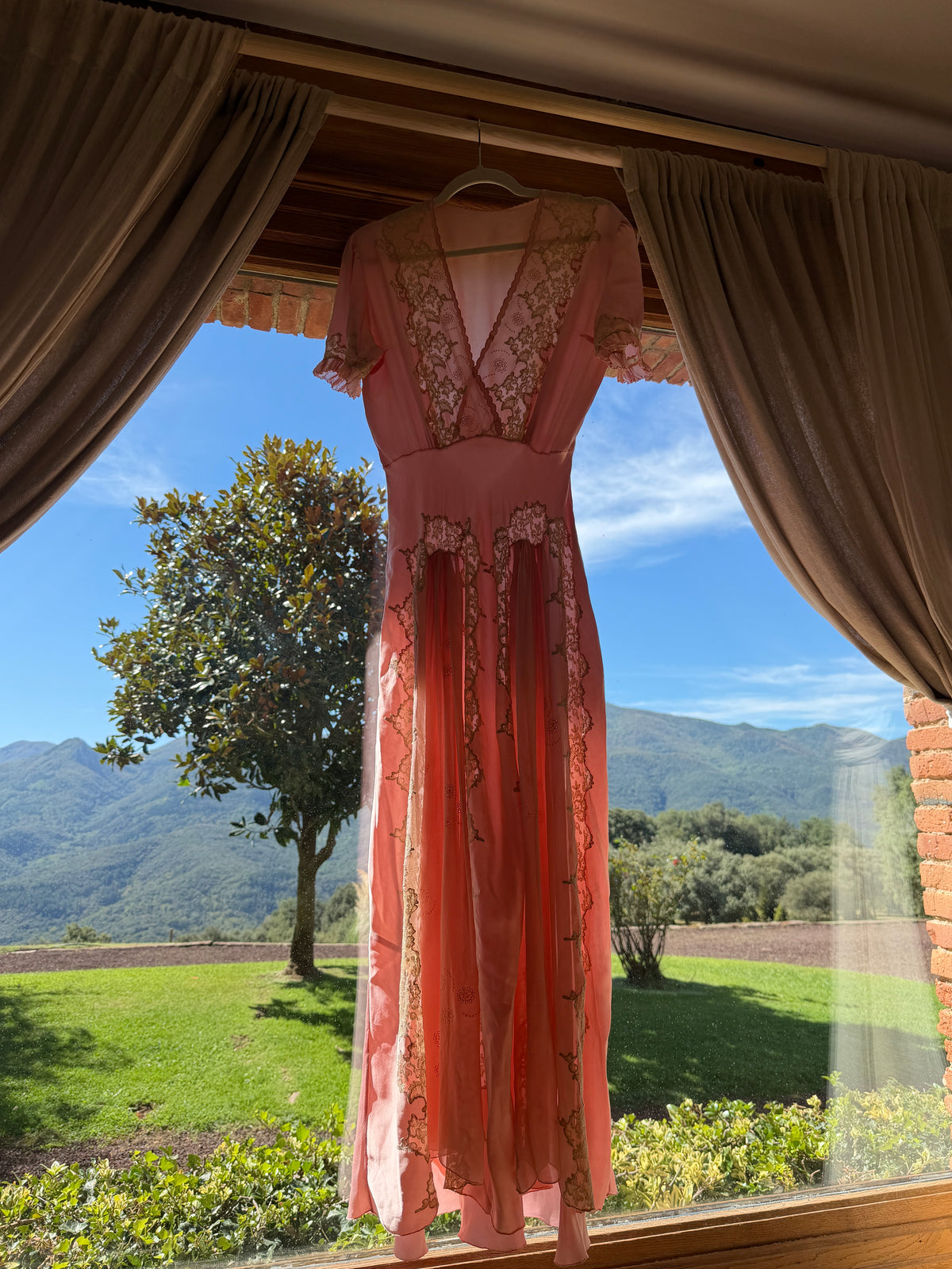 1930s Pink Pure Silk Bias Cut Dress, French Heavy Lace, Puff Sleeves, Bridal Romantic Rare Antique Gown