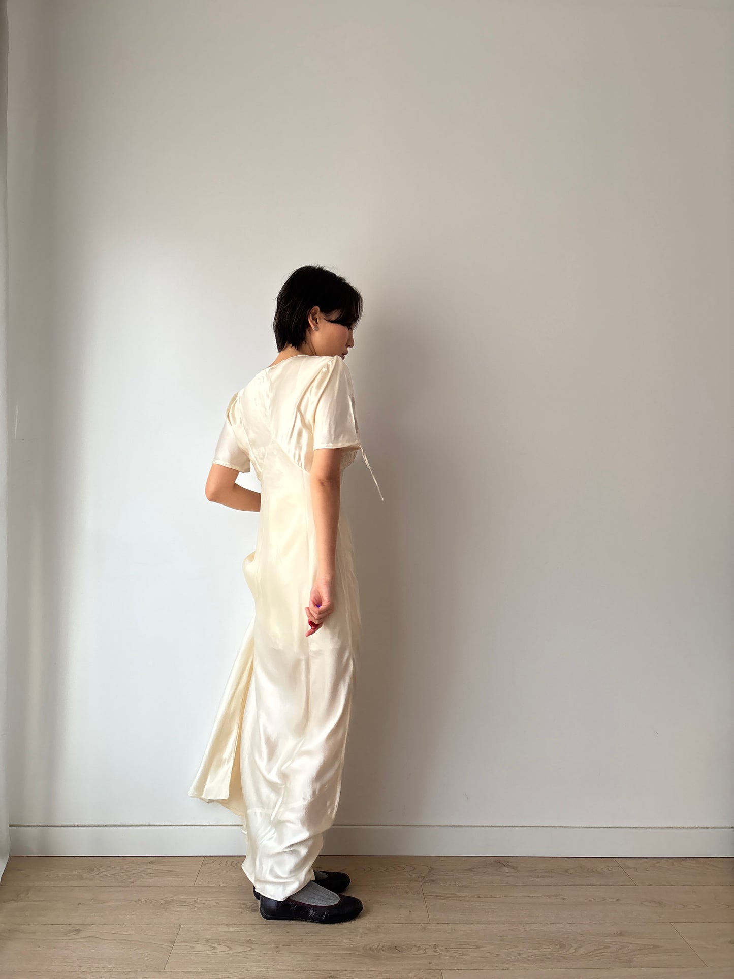 1930s Vintage Silk Satin Lace Wedding Dress, Antique Bias Cut Bridal Gown