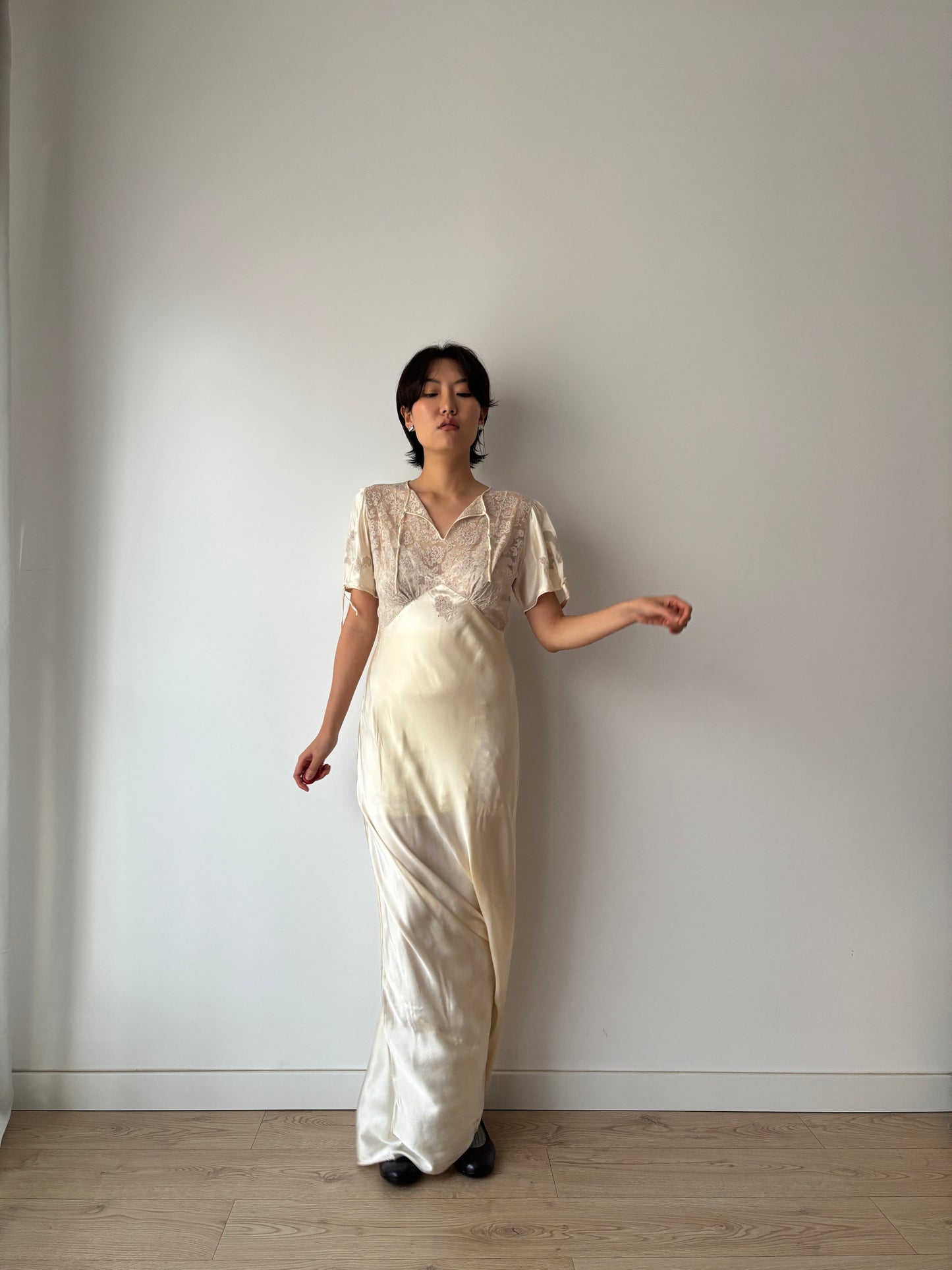 1930s Vintage Silk Satin Lace Wedding Dress, Antique Bias Cut Bridal Gown