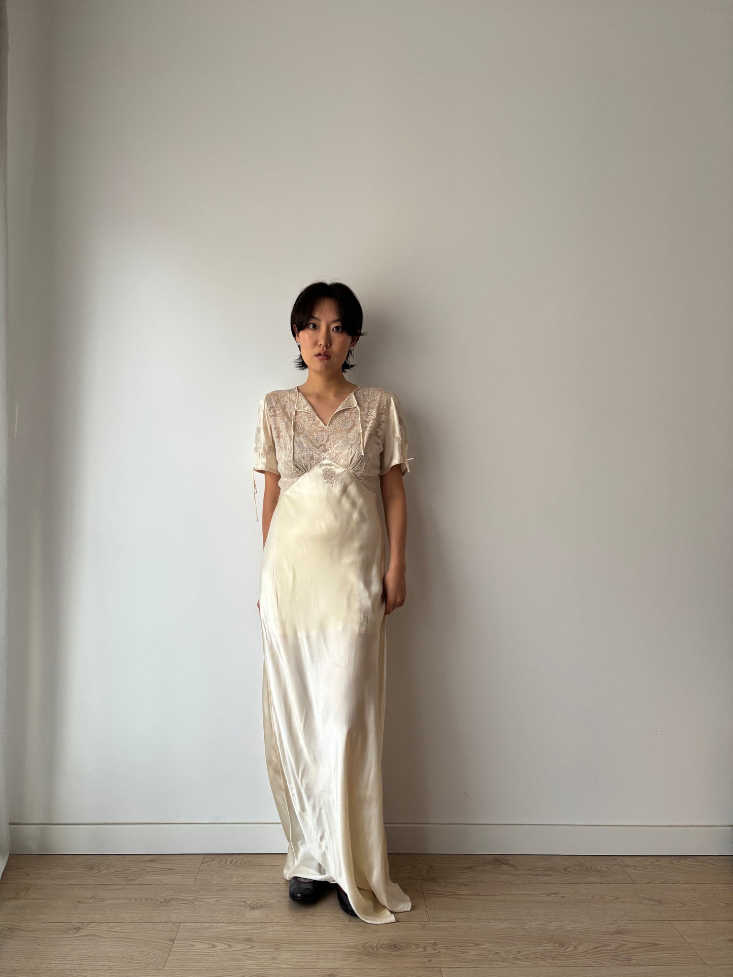 1930s Vintage Silk Satin Lace Wedding Dress, Antique Bias Cut Bridal Gown