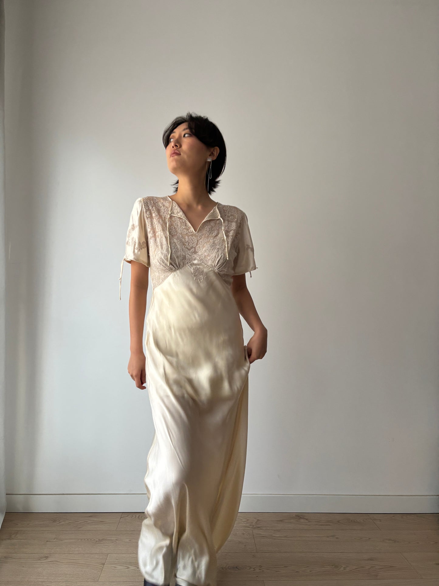 1930s Vintage Silk Satin Lace Wedding Dress, Antique Bias Cut Bridal Gown