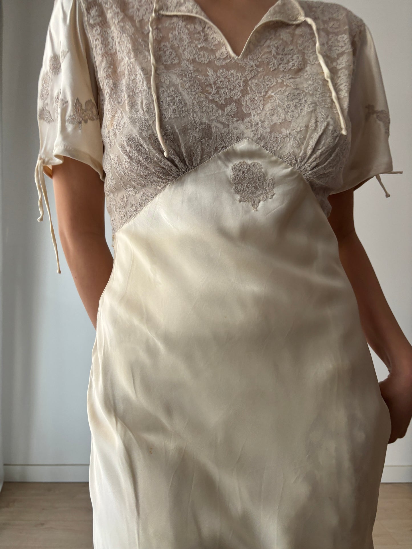 1930s Vintage Silk Satin Lace Wedding Dress, Antique Bias Cut Bridal Gown