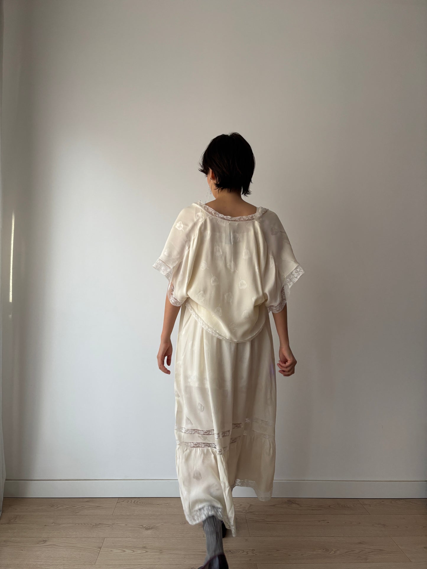 Vintage Italian Silk Nightgown 2 Piece Set, White Lace Peignoir & Slip Dress