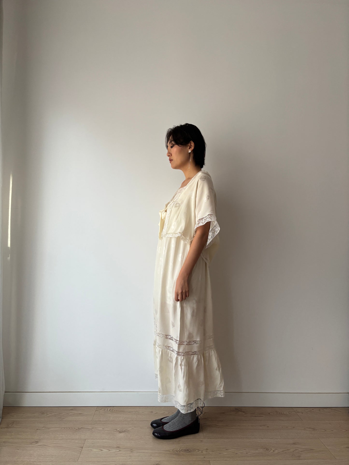 Vintage Italian Silk Nightgown 2 Piece Set, White Lace Peignoir & Slip Dress