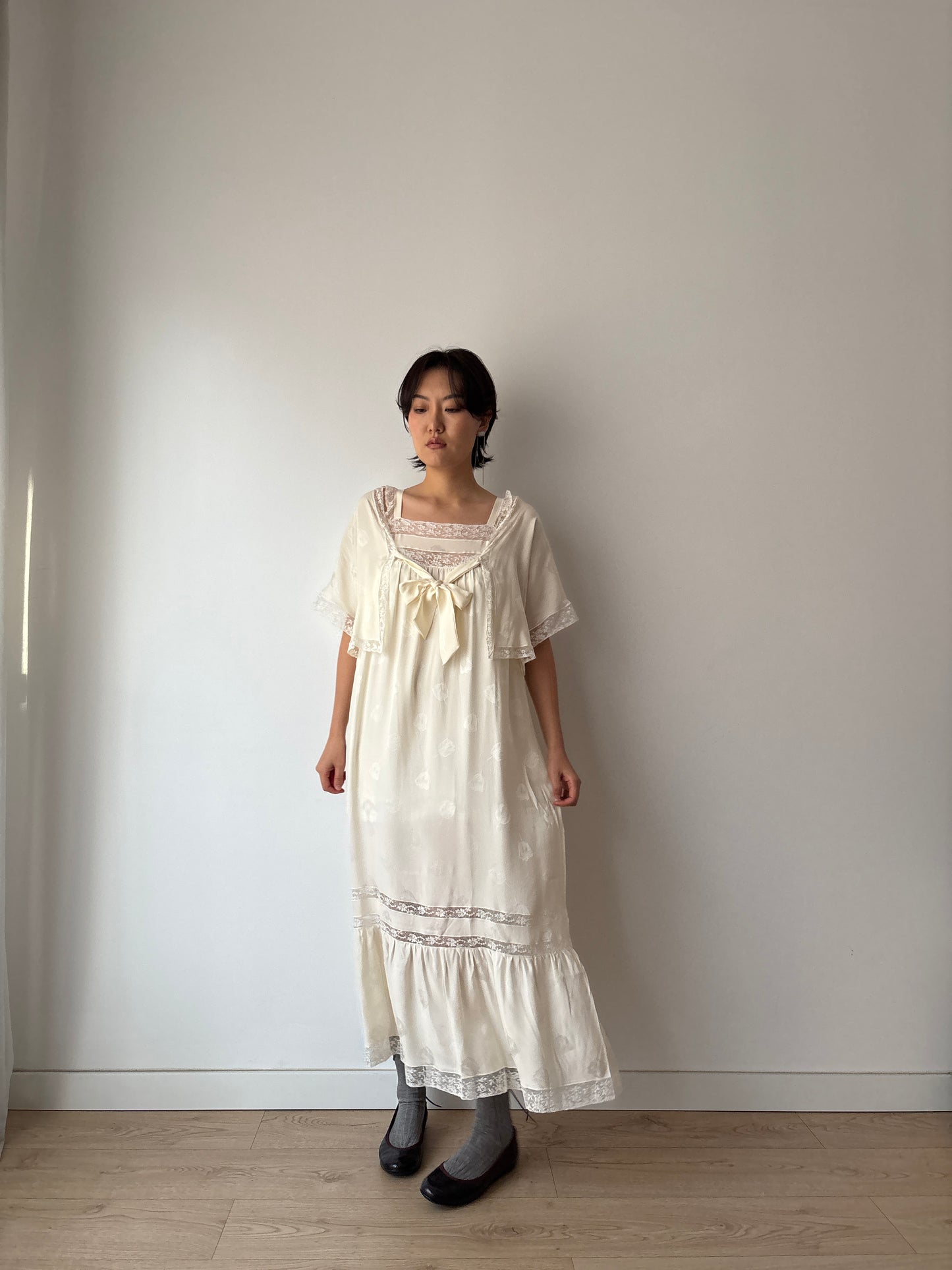 Vintage Italian Silk Nightgown 2 Piece Set, White Lace Peignoir & Slip Dress