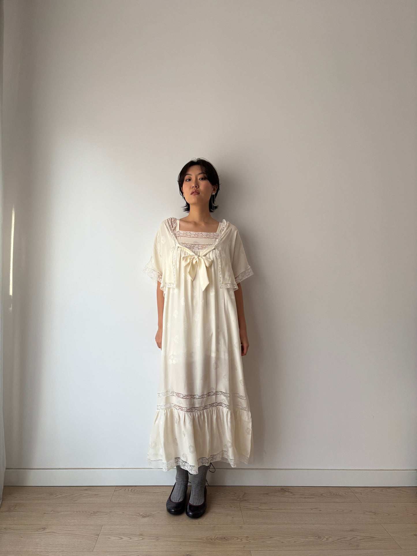 Vintage Italian Silk Nightgown 2 Piece Set, White Lace Peignoir & Slip Dress