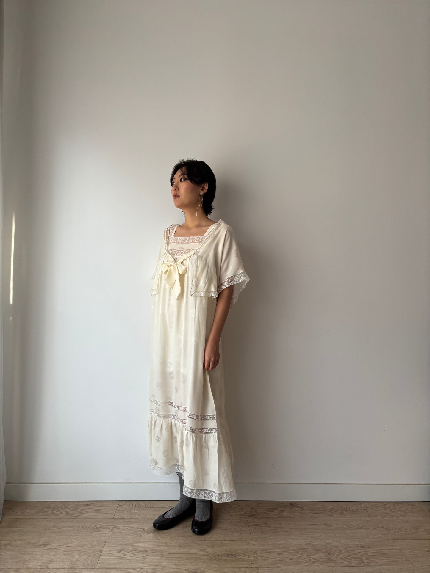 Vintage Italian Silk Nightgown 2 Piece Set, White Lace Peignoir & Slip Dress