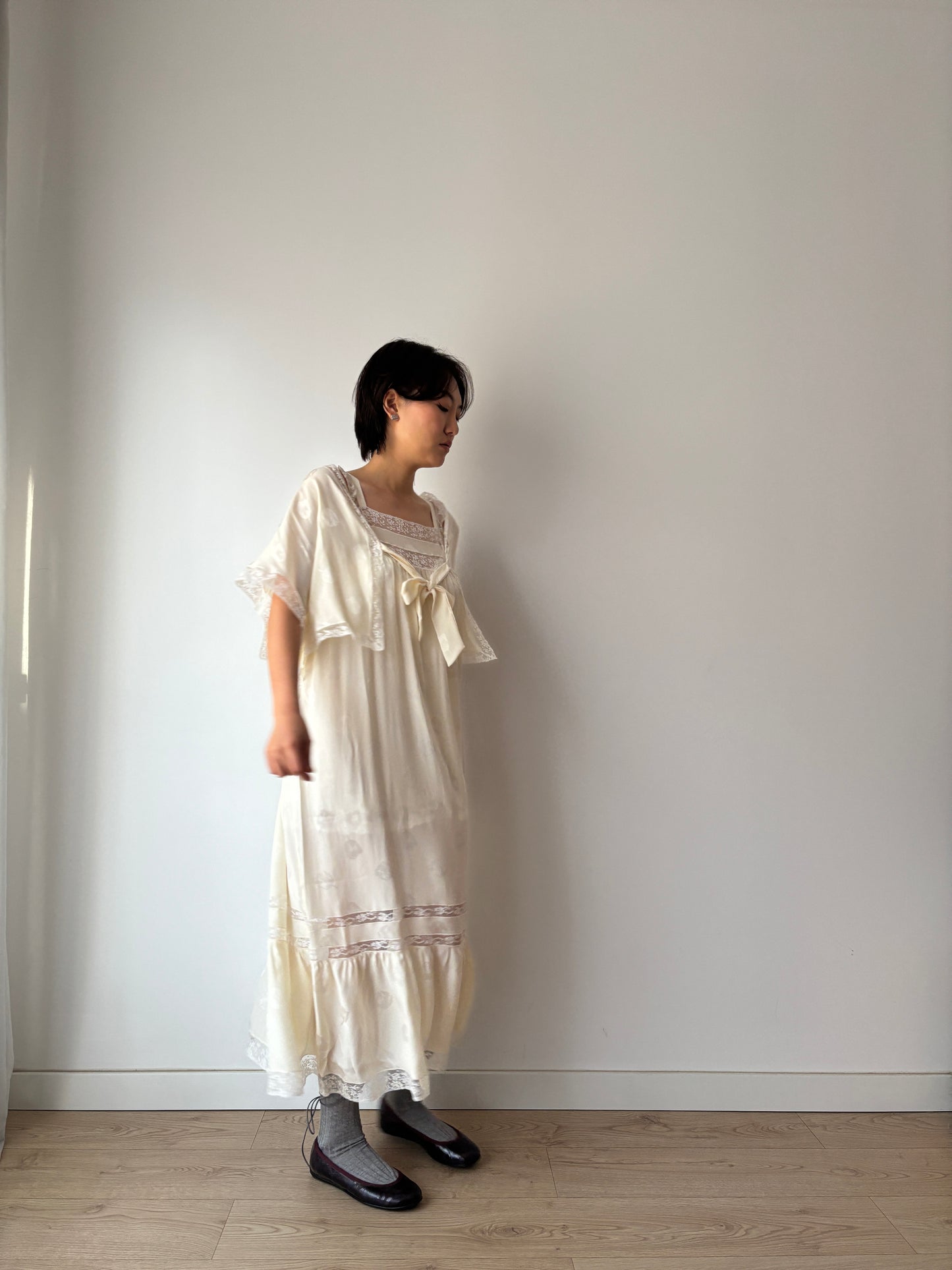 Vintage Italian Silk Nightgown 2 Piece Set, White Lace Peignoir & Slip Dress