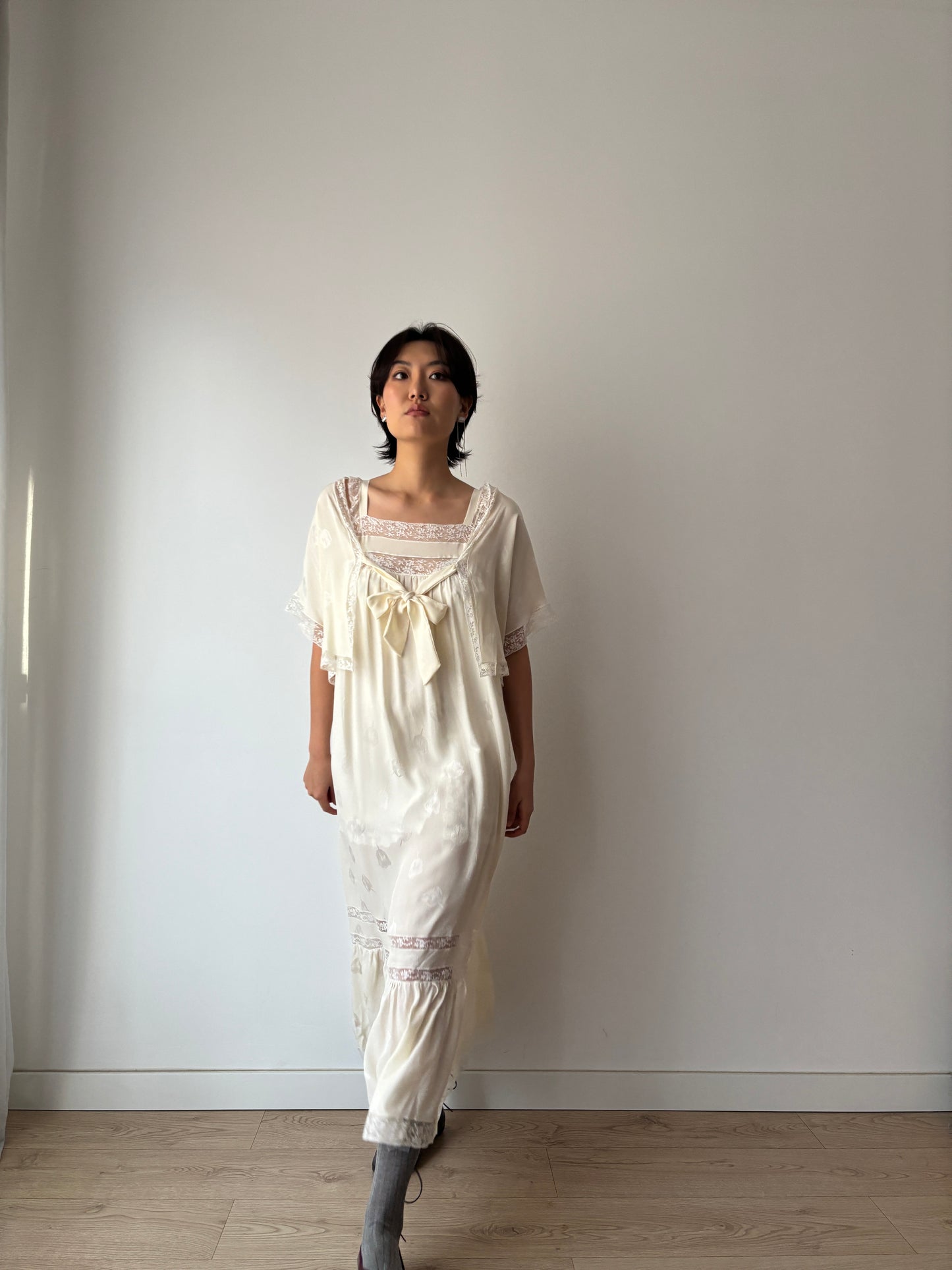 Vintage Italian Silk Nightgown 2 Piece Set, White Lace Peignoir & Slip Dress