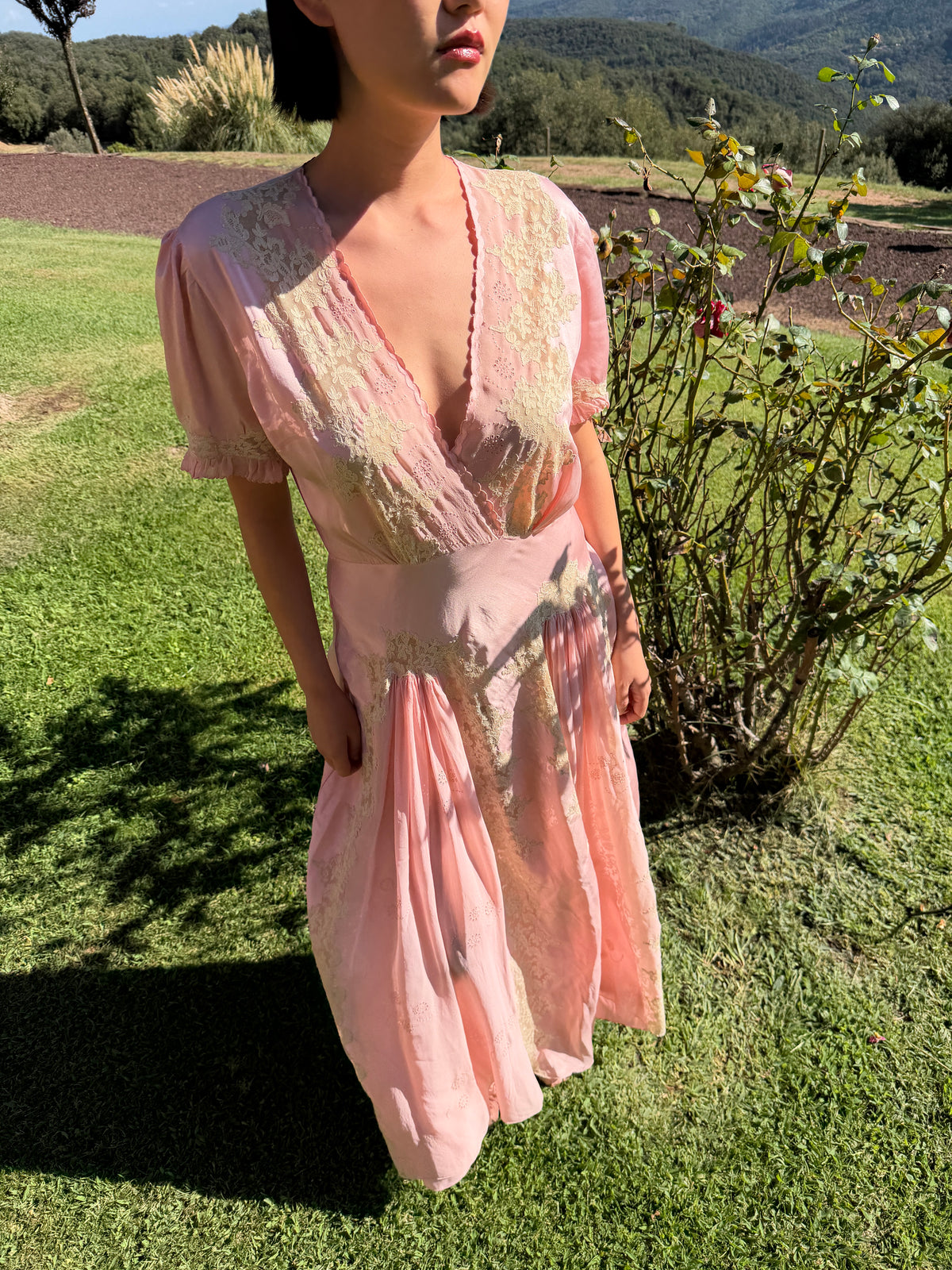 1930s Pink Pure Silk Bias Cut Dress, French Heavy Lace, Puff Sleeves, Bridal Romantic Rare Antique Gown