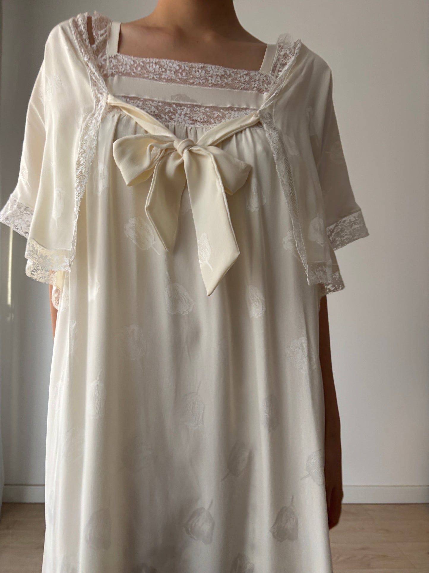 Vintage Italian Silk Nightgown 2 Piece Set, White Lace Peignoir & Slip Dress