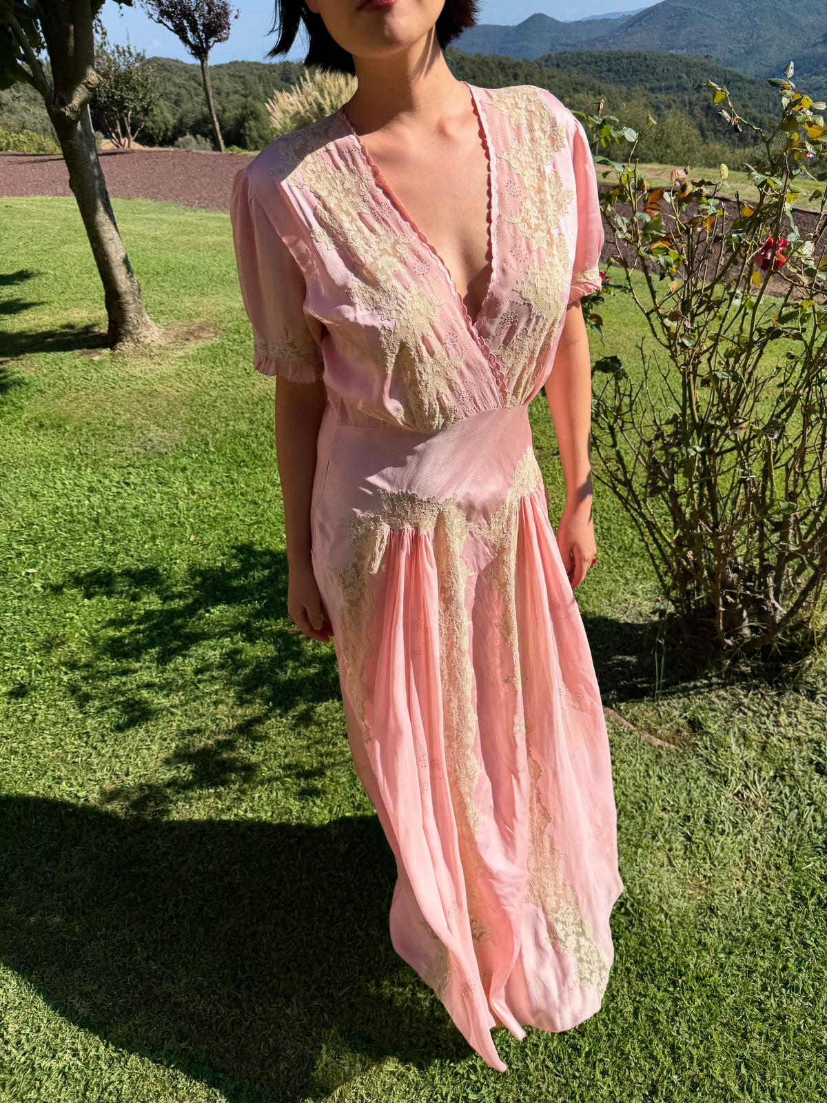 1930s Pink Pure Silk Bias Cut Dress, French Heavy Lace, Puff Sleeves, Bridal Romantic Rare Antique Gown