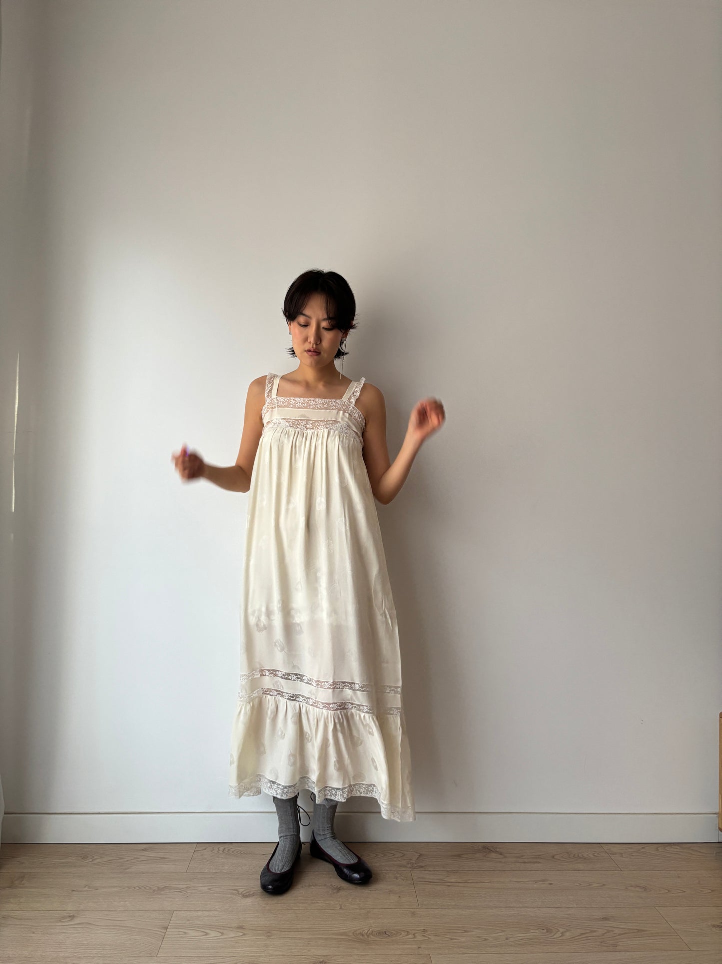 Vintage Italian Silk Nightgown 2 Piece Set, White Lace Peignoir & Slip Dress