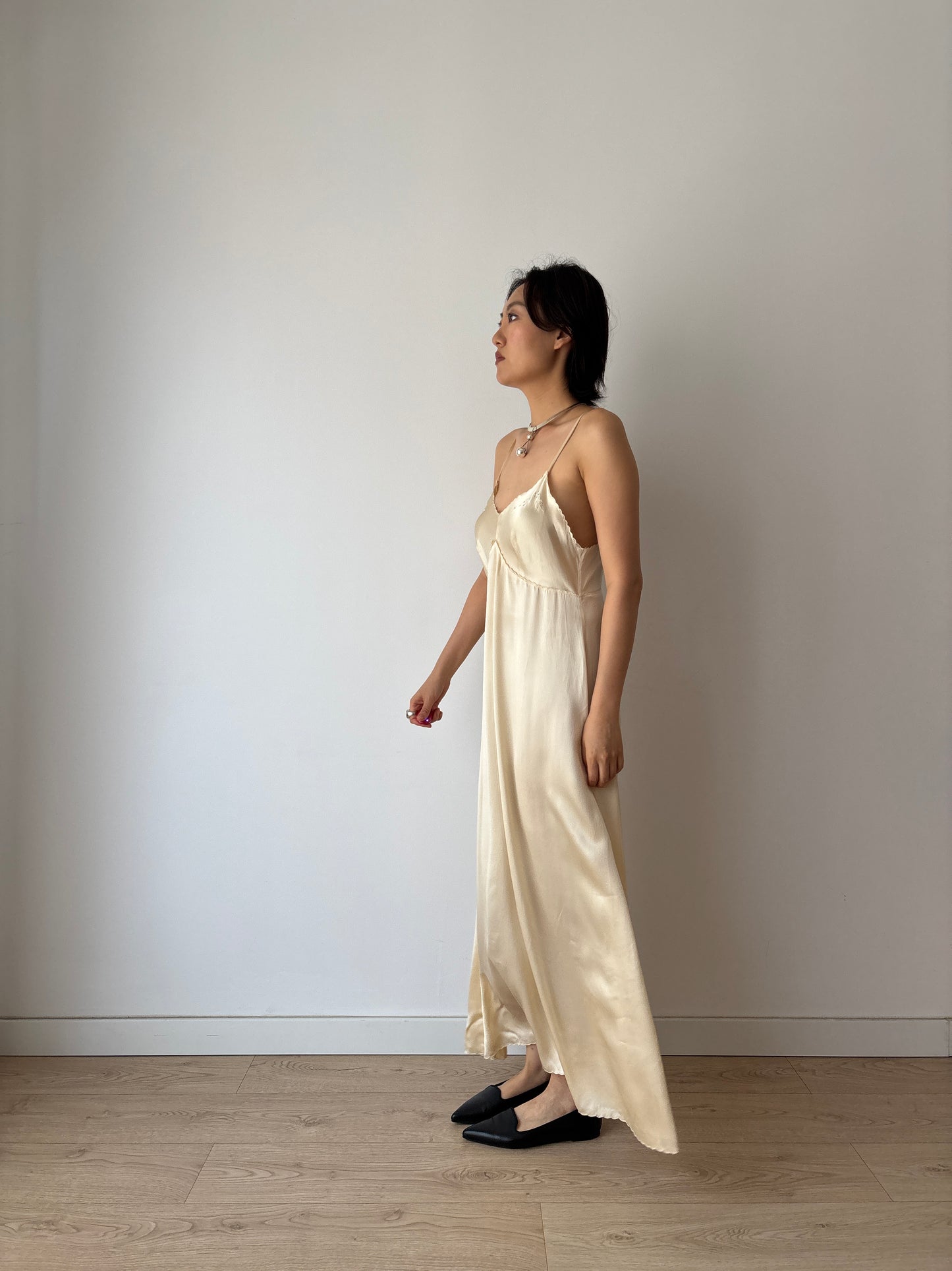 1940s Vintage Pure Silk Slip Dress, Lace Embroidery Bridal Lingerie Nightgown
