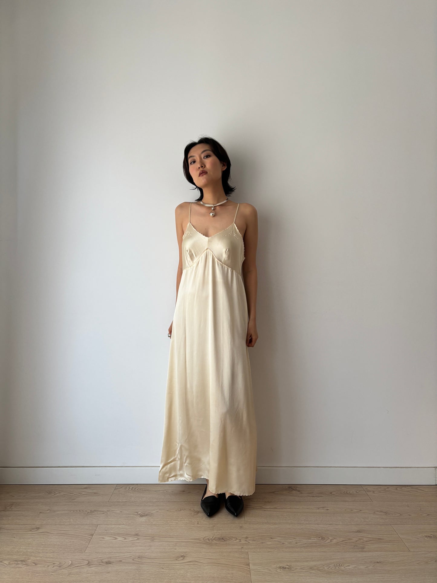 1940s Vintage Pure Silk Slip Dress, Lace Embroidery Bridal Lingerie Nightgown
