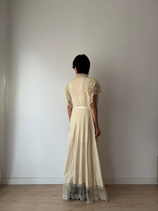 Vintage 1940s Silk Printed Lace Peignoir Robe, Ruffled Antique Dressing Gown