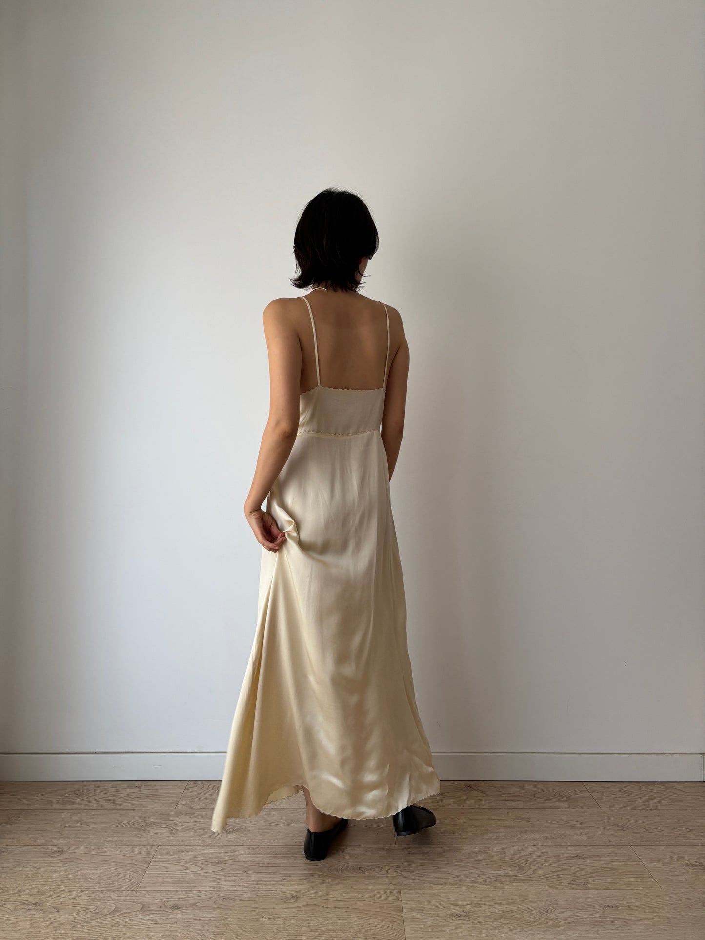 1940s Vintage Pure Silk Slip Dress, Lace Embroidery Bridal Lingerie Nightgown