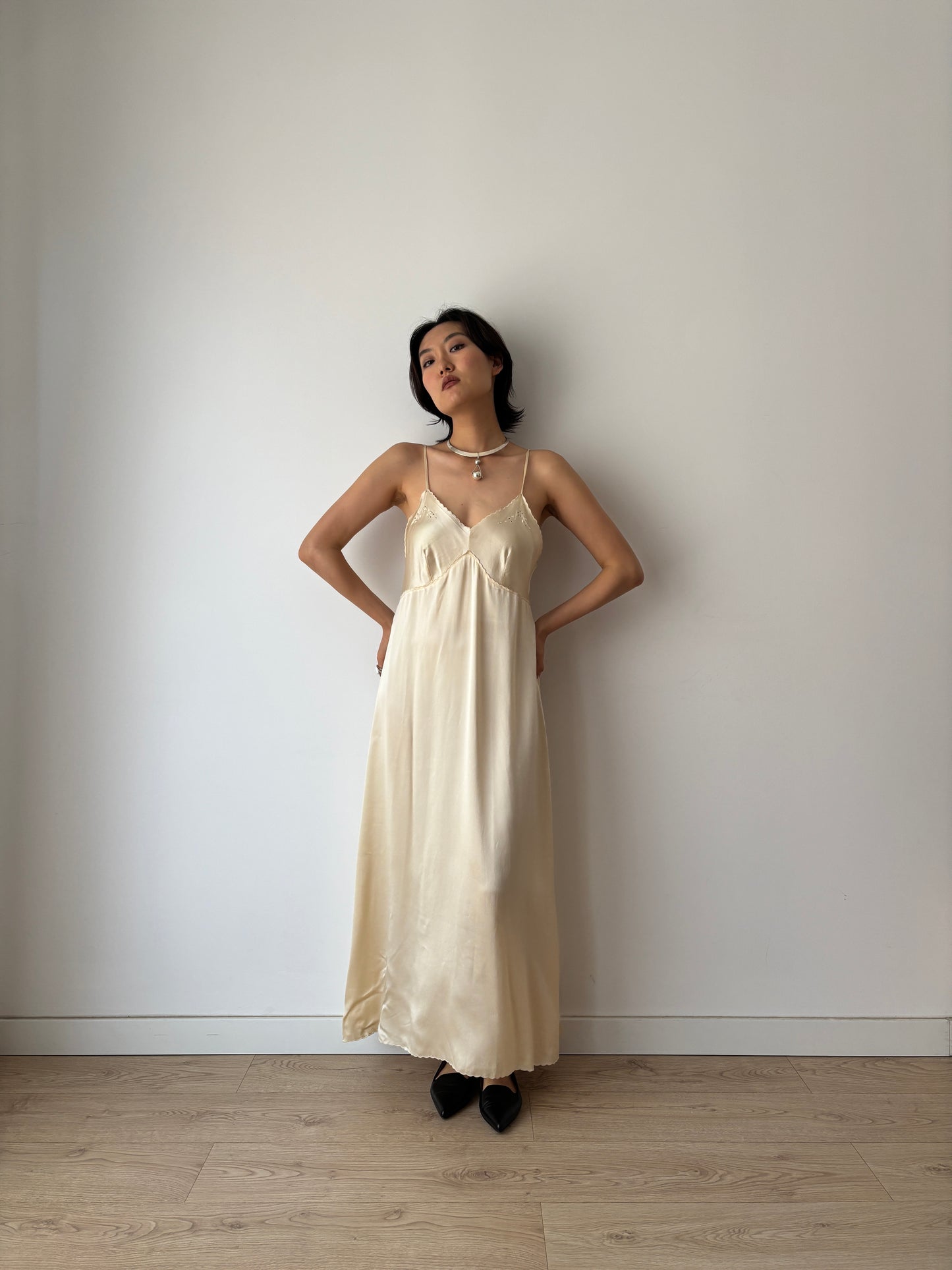 1940s Vintage Pure Silk Slip Dress, Lace Embroidery Bridal Lingerie Nightgown