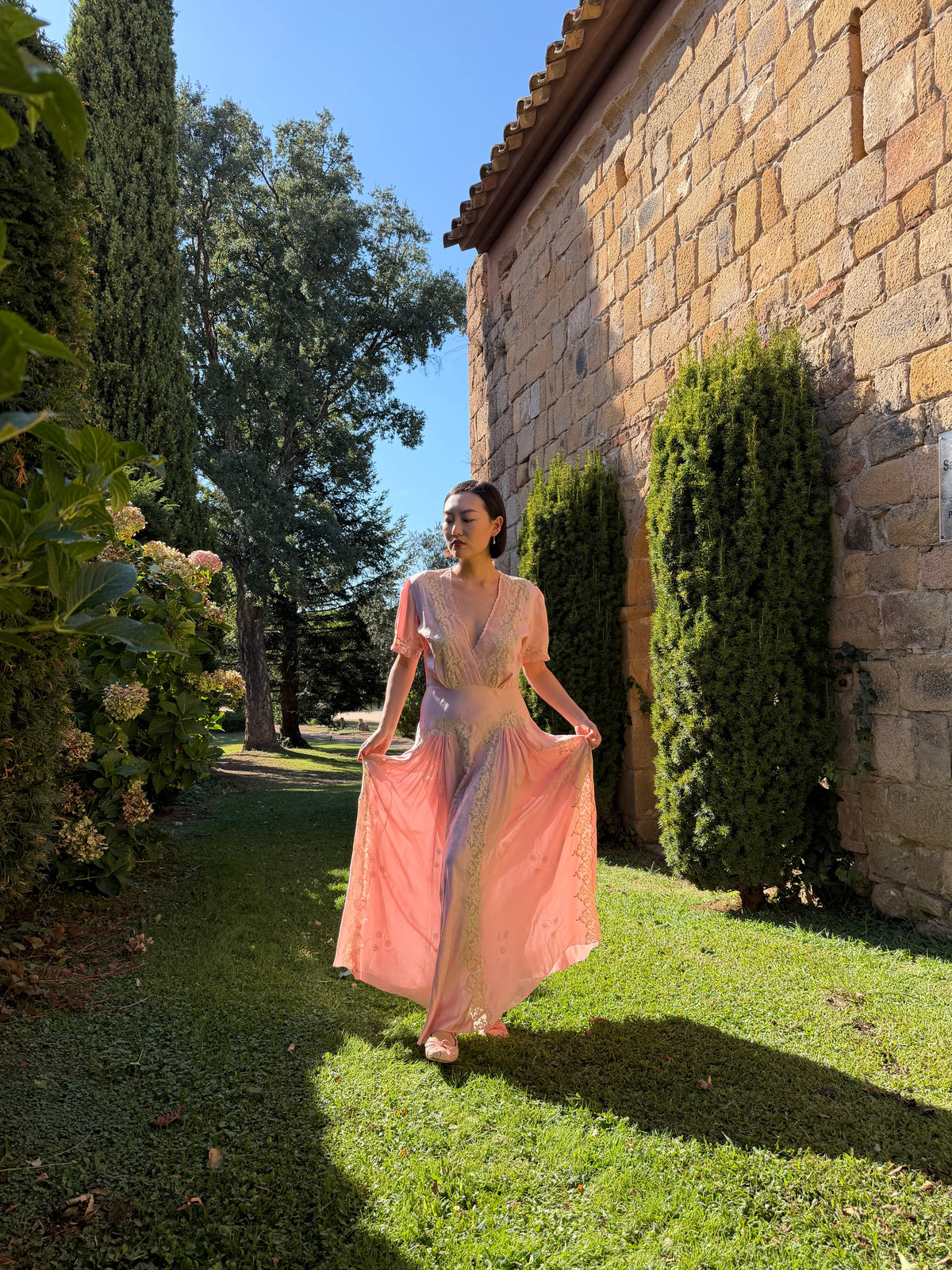 1930s Pink Pure Silk Bias Cut Dress, French Heavy Lace, Puff Sleeves, Bridal Romantic Rare Antique Gown