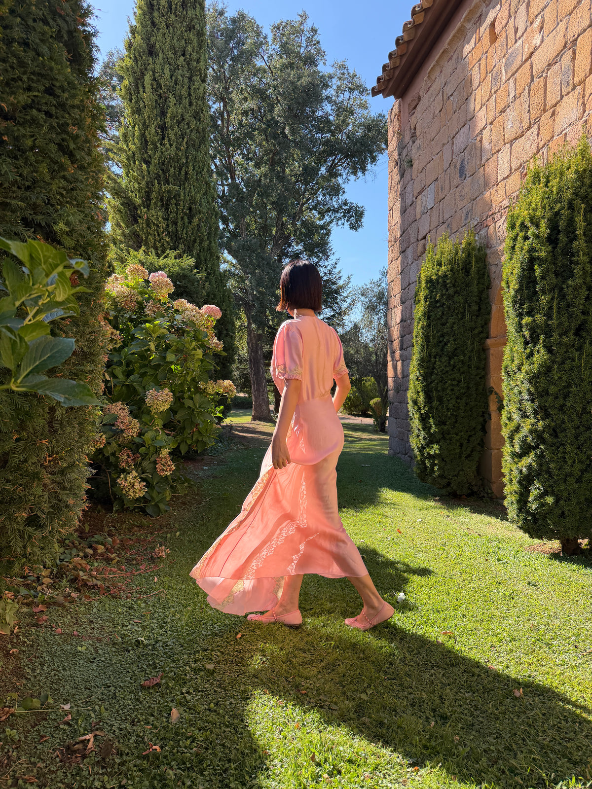 1930s Pink Pure Silk Bias Cut Dress, French Heavy Lace, Puff Sleeves, Bridal Romantic Rare Antique Gown