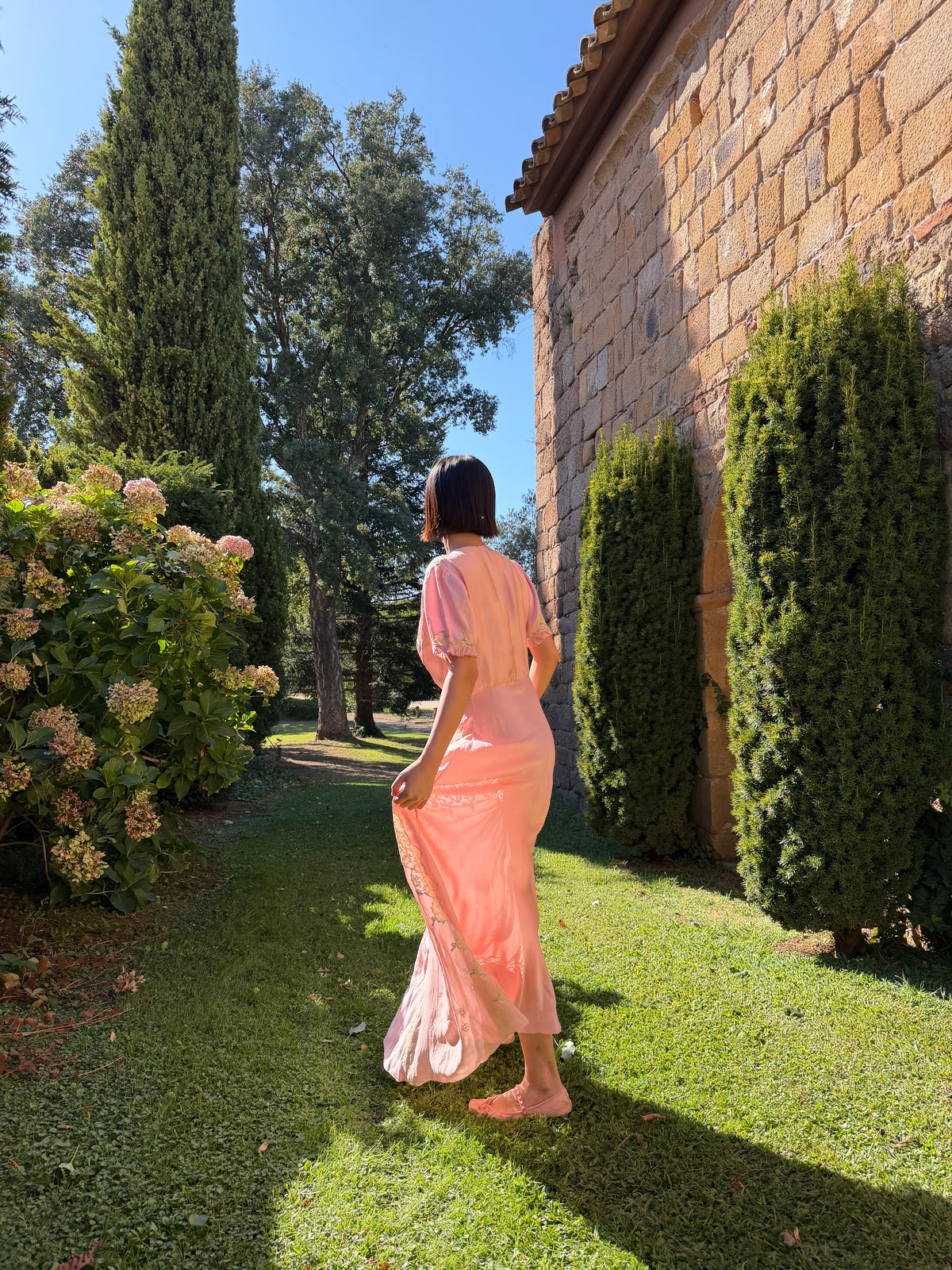 1930s Pink Pure Silk Bias Cut Dress, French Heavy Lace, Puff Sleeves, Bridal Romantic Rare Antique Gown