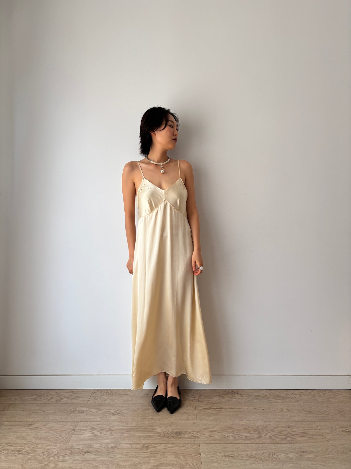 1940s Vintage Pure Silk Slip Dress, Lace Embroidery Bridal Lingerie Nightgown