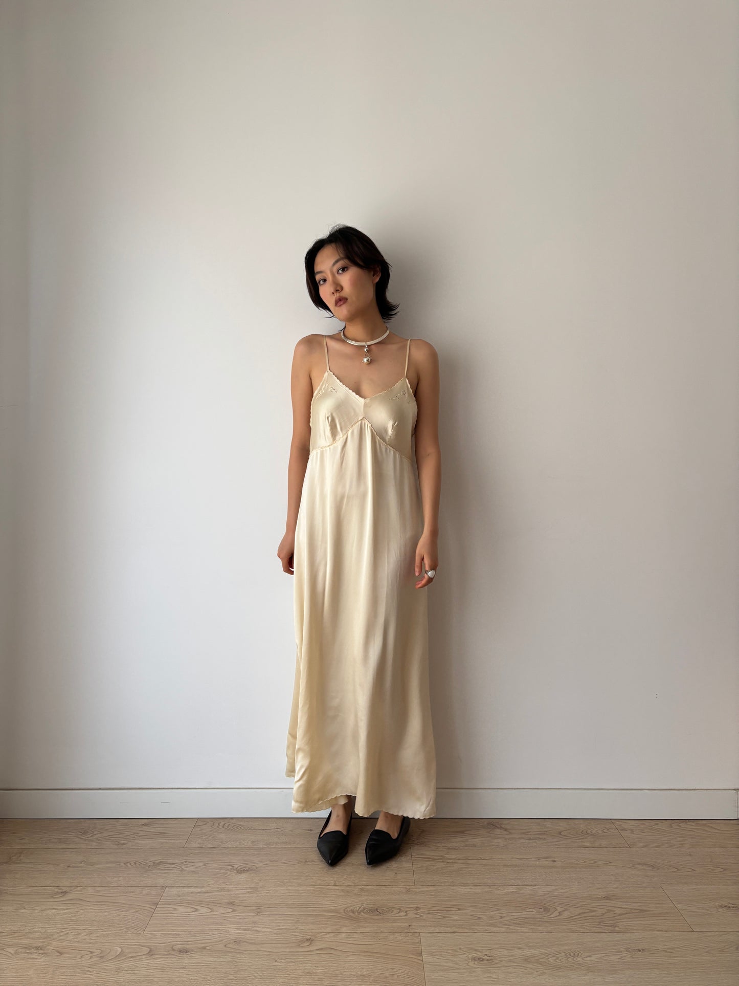 1940s Vintage Pure Silk Slip Dress, Lace Embroidery Bridal Lingerie Nightgown