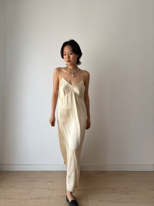 1940s Vintage Pure Silk Slip Dress, Lace Embroidery Bridal Lingerie Nightgown