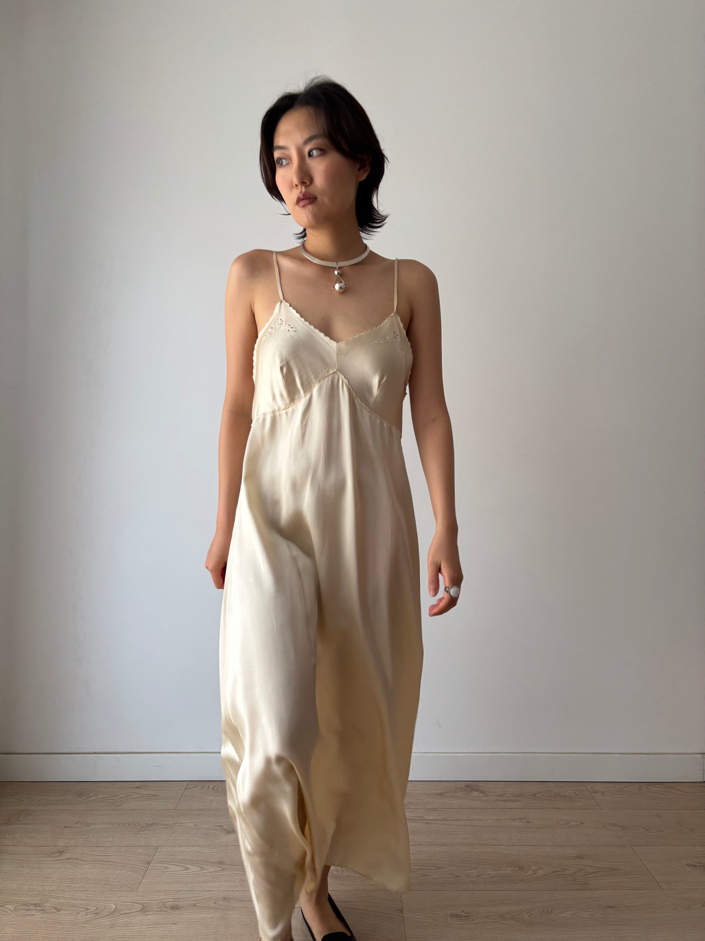 1940s Vintage Pure Silk Slip Dress, Lace Embroidery Bridal Lingerie Nightgown