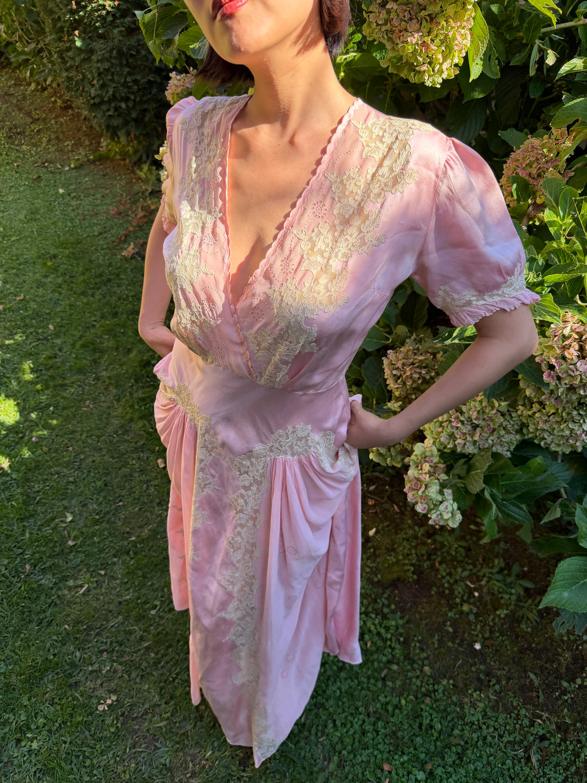 1930s Pink Pure Silk Bias Cut Dress, French Heavy Lace, Puff Sleeves, Bridal Romantic Rare Antique Gown