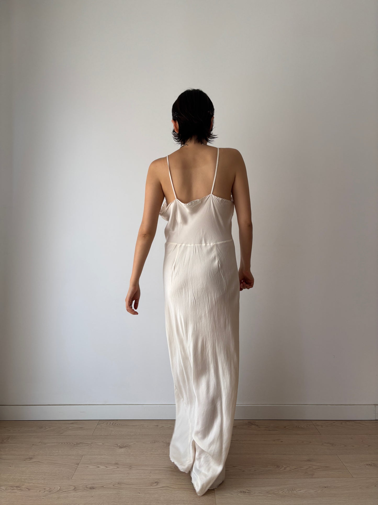 1940s Vintage Pure Silk Slip Dress, Antique Embroidered Lace Bridal Lingerie Nightdress