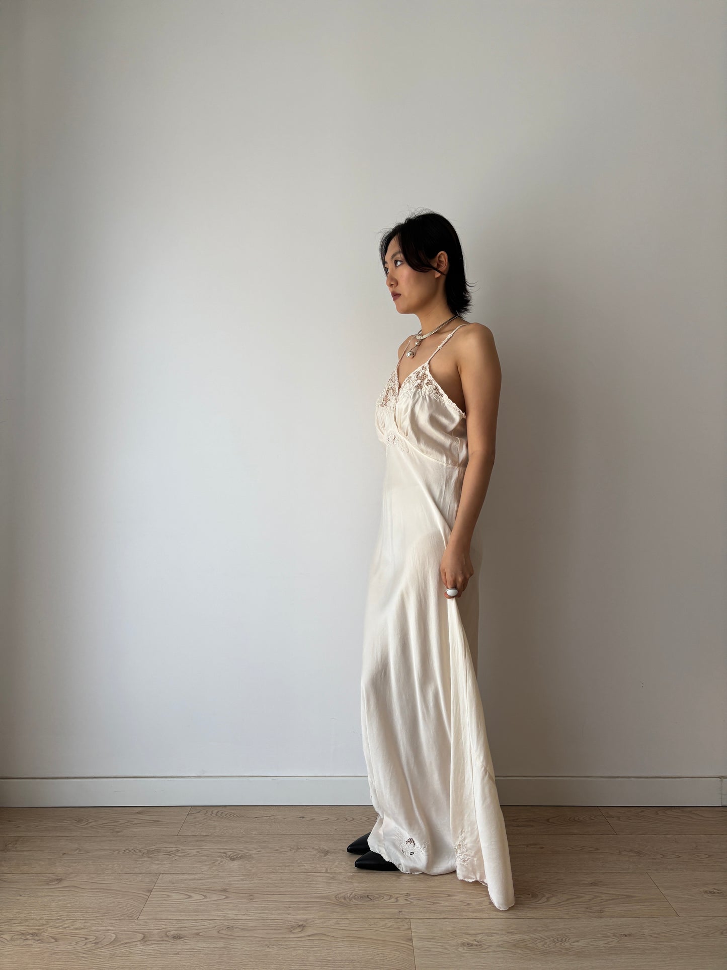 1940s Vintage Pure Silk Slip Dress, Antique Embroidered Lace Bridal Lingerie Nightdress