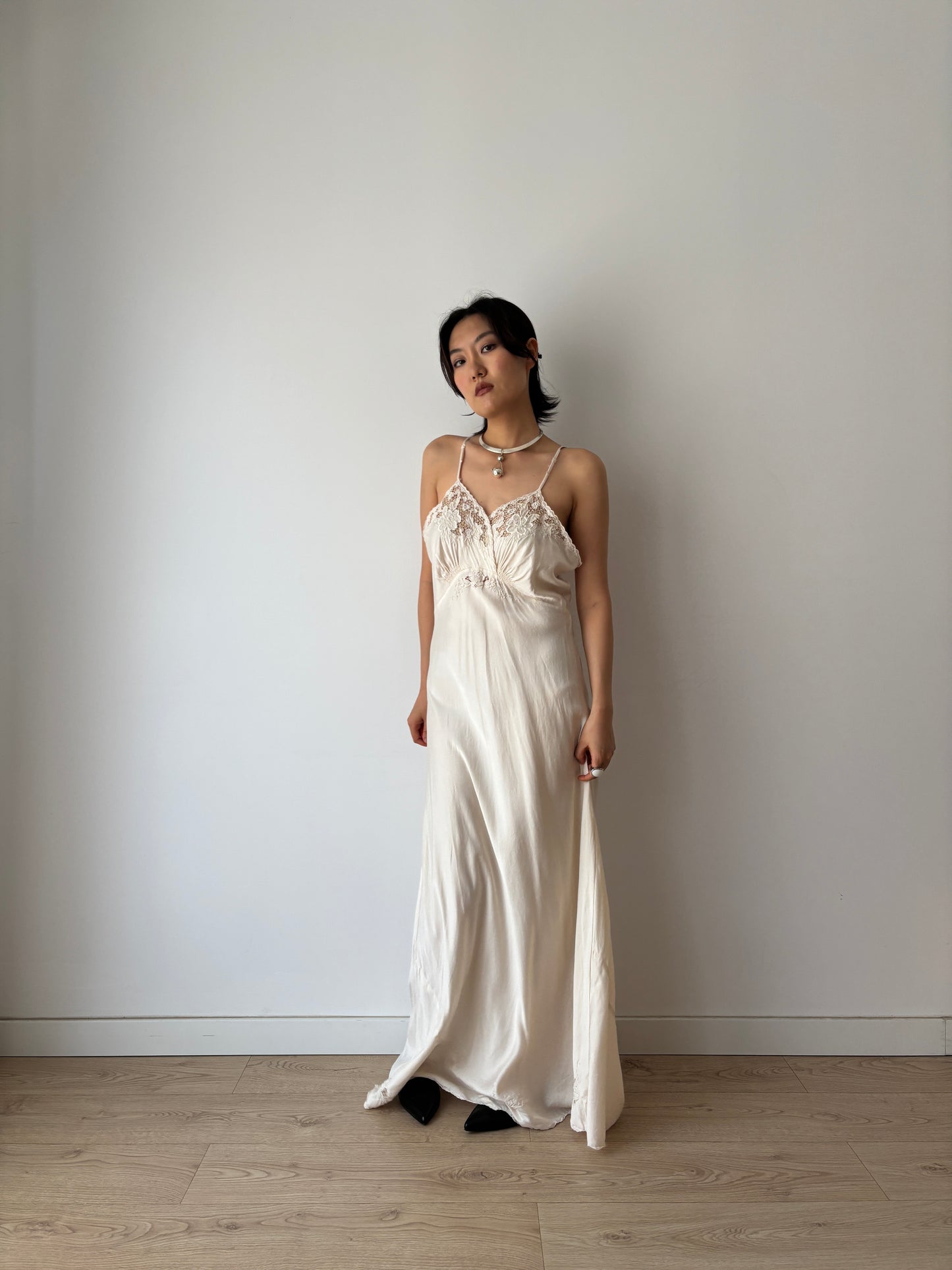 1940s Vintage Pure Silk Slip Dress, Antique Embroidered Lace Bridal Lingerie Nightdress