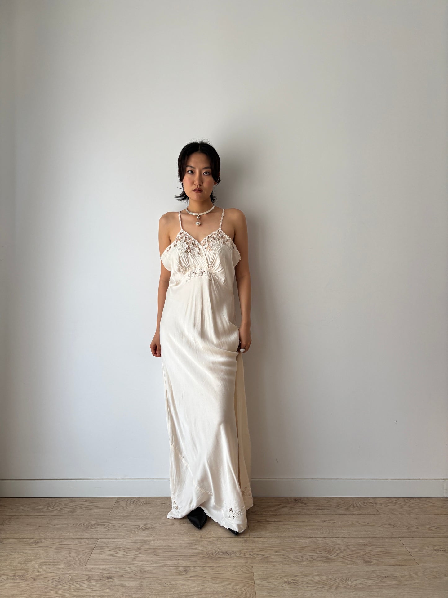 1940s Vintage Pure Silk Slip Dress, Antique Embroidered Lace Bridal Lingerie Nightdress