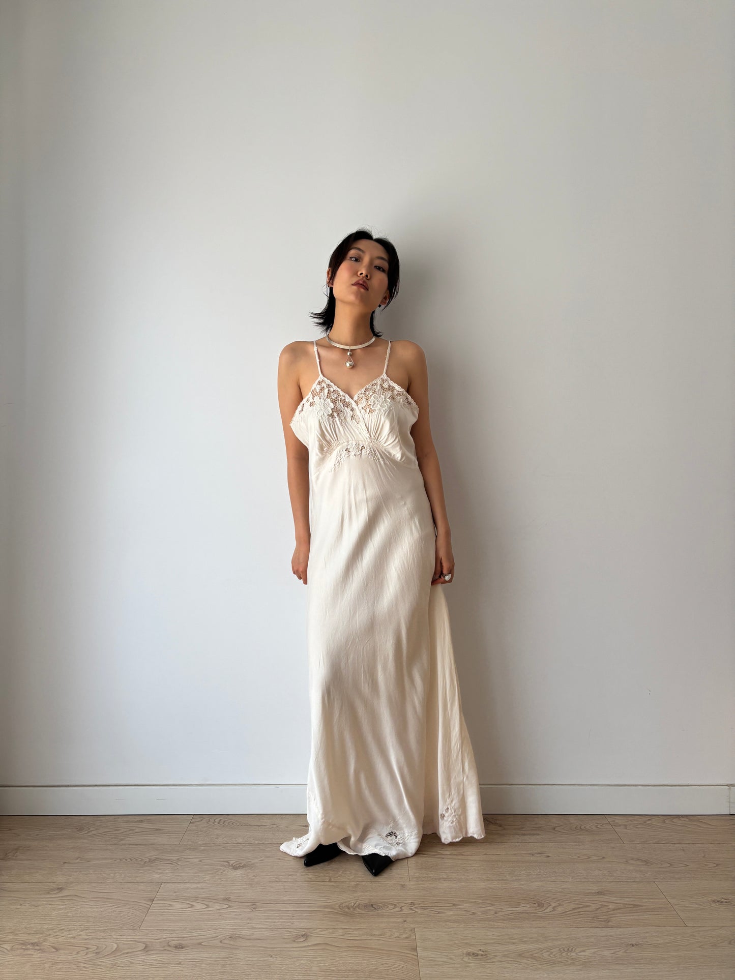 1940s Vintage Pure Silk Slip Dress, Antique Embroidered Lace Bridal Lingerie Nightdress