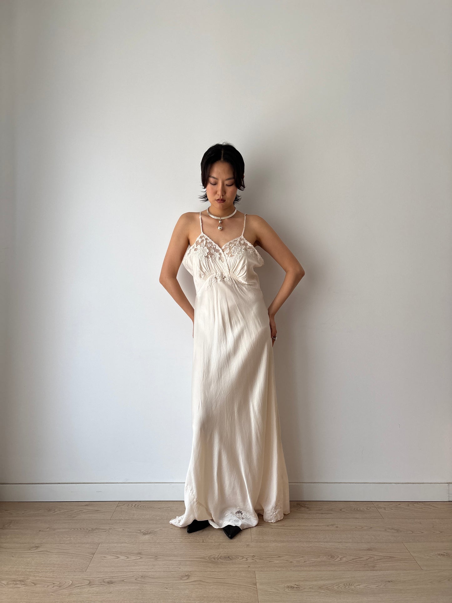 1940s Vintage Pure Silk Slip Dress, Antique Embroidered Lace Bridal Lingerie Nightdress