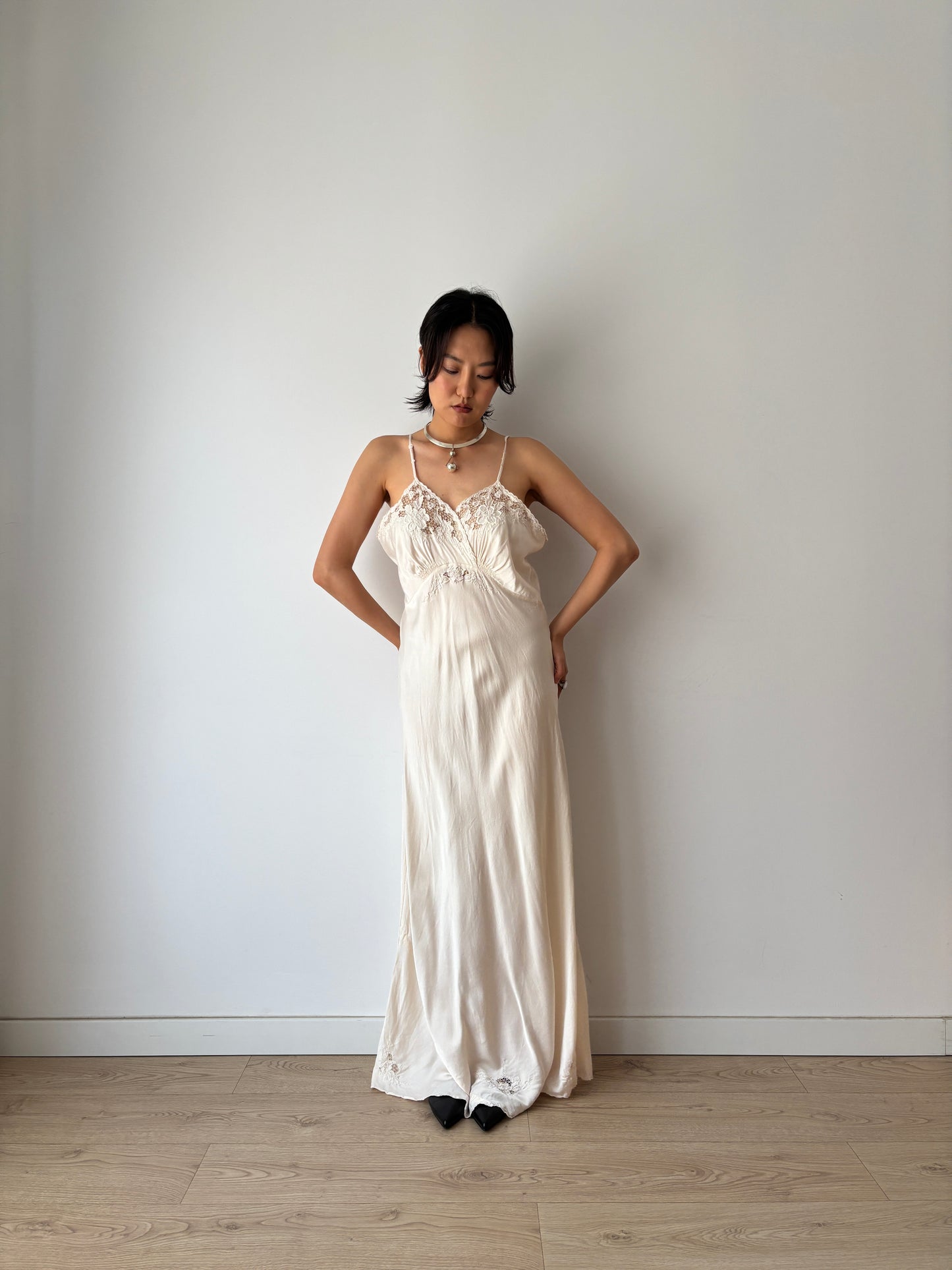 1940s Vintage Pure Silk Slip Dress, Antique Embroidered Lace Bridal Lingerie Nightdress