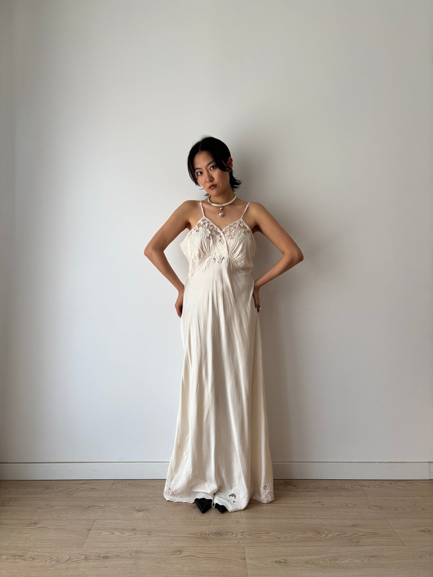 1940s Vintage Pure Silk Slip Dress, Antique Embroidered Lace Bridal Lingerie Nightdress